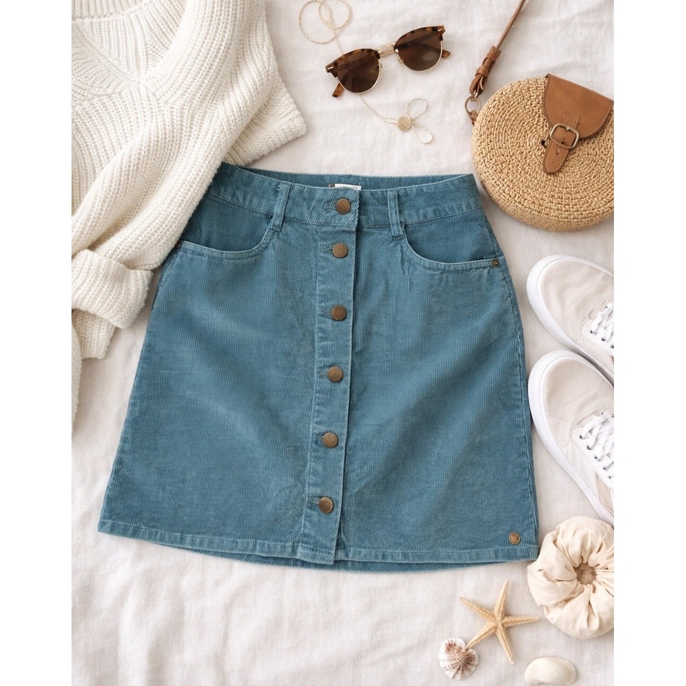 Roxy Corduroy Mini Skirt Women Size M Blue Green Excellent Button Front‎ Boho